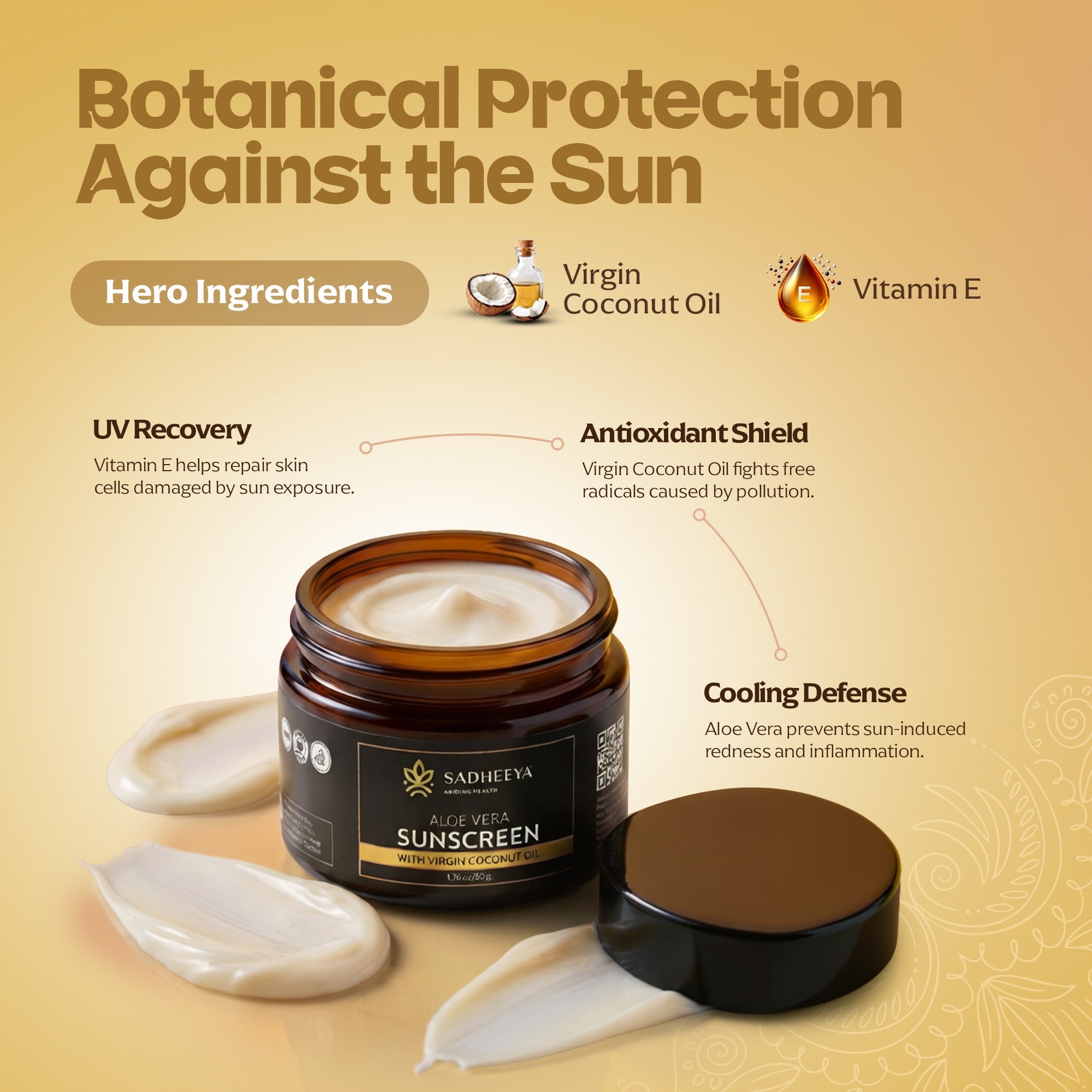 Sadheeya Aloe Vera Sunscreen with Virgin Coconut Oil and Vitamin E, providing botanical protection, UV recovery, and an antioxidant shield against sun damage.