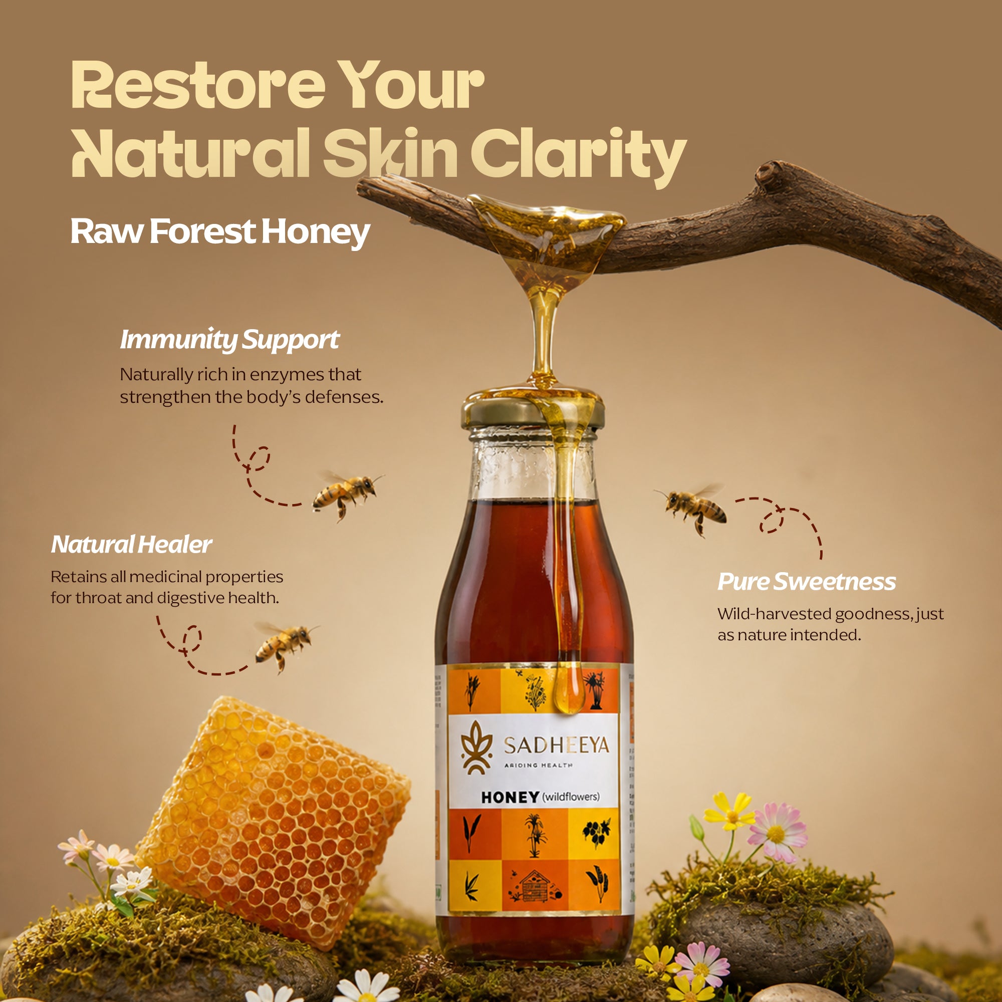 Bottle of Sadheeya raw forest honey with honey dripping from a wooden stick, surrounded by honeycomb, bees, and flowers, highlighting natural immunity support and skin clarity benefits.