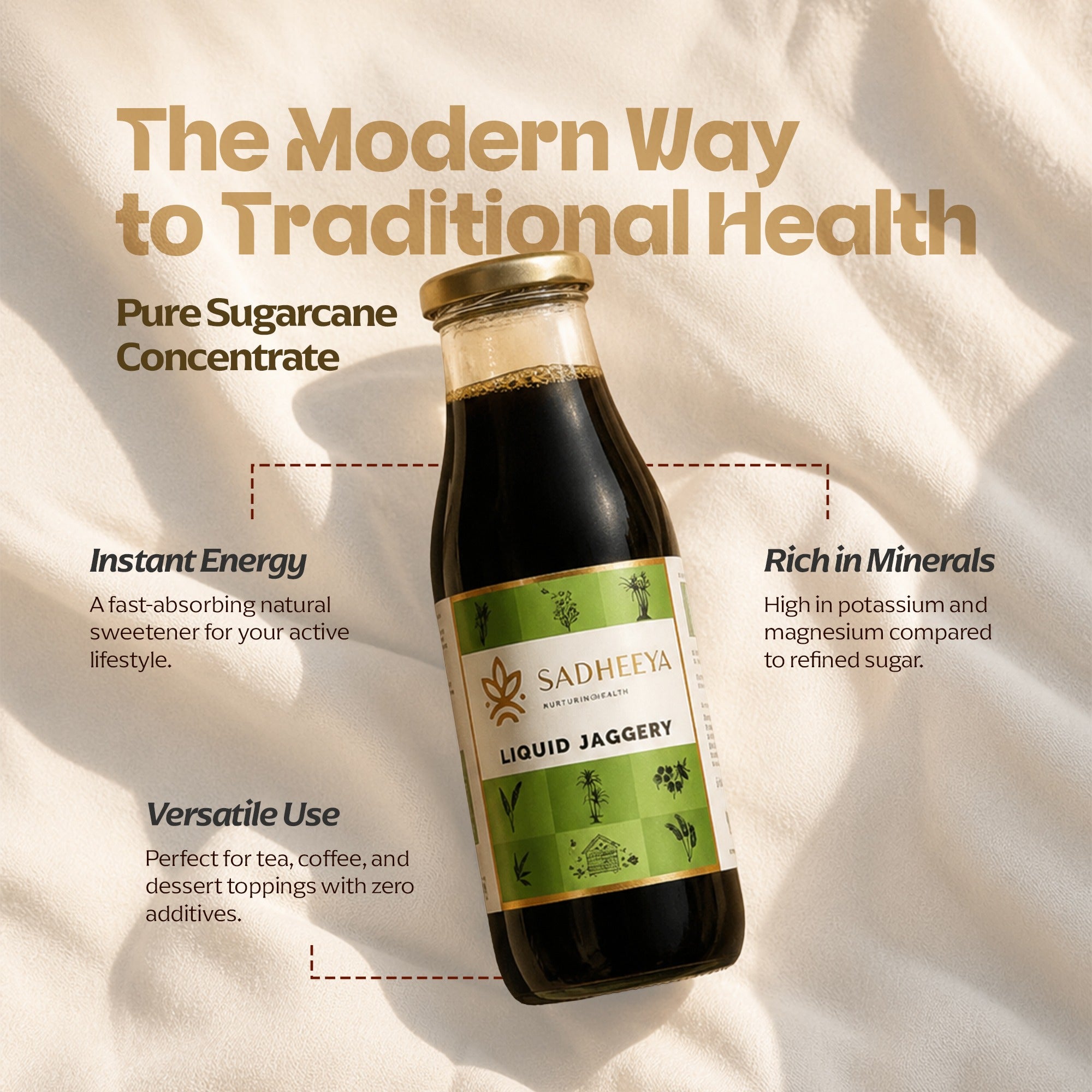 Sadheeya Liquid Jaggery glass bottle, a pure sugarcane concentrate and natural sweetener rich in potassium and magnesium for instant energy.