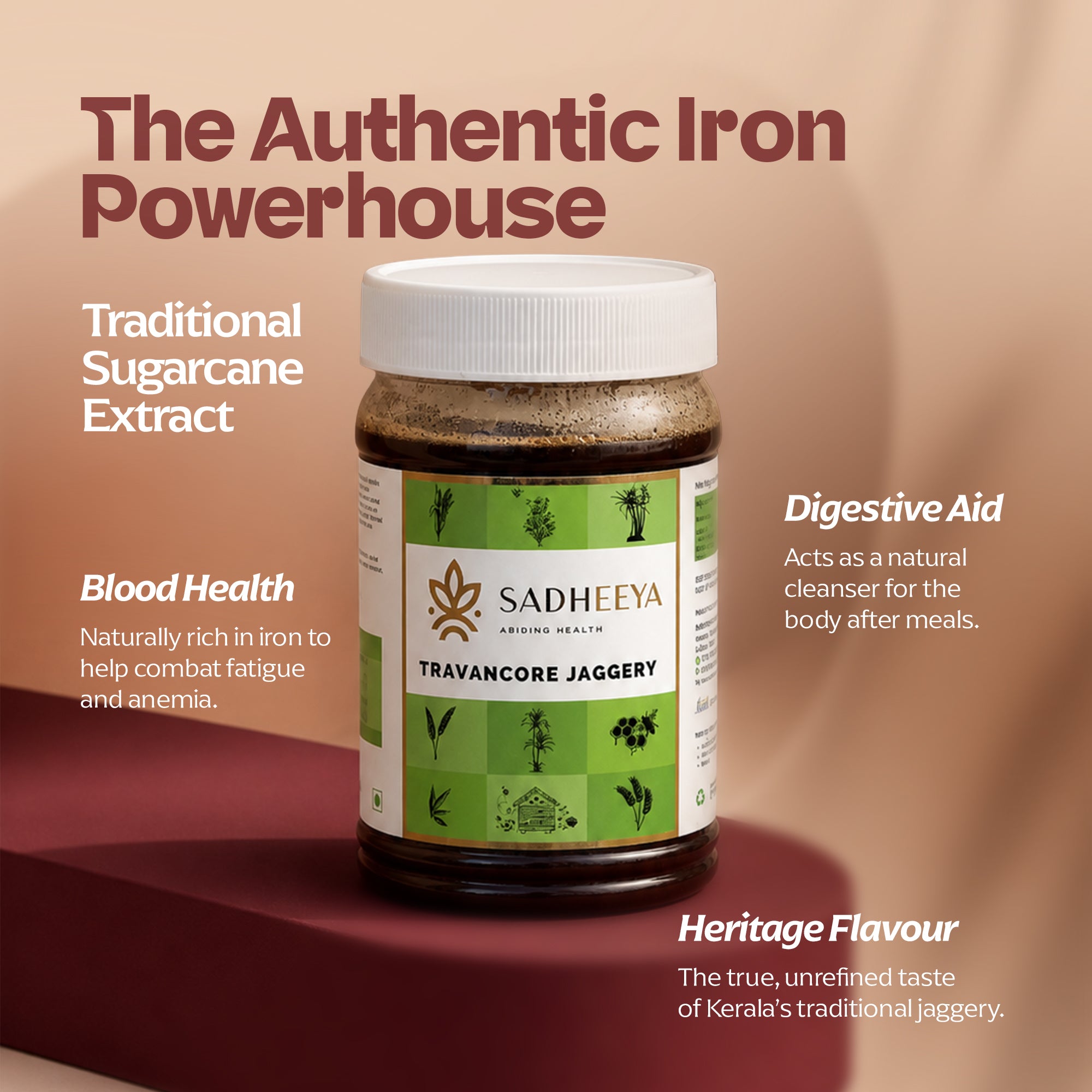 Authentic Kerala Travancore Jaggery by Sadheeya - Unrefined traditional sugarcane extract rich in iron for anemia and natural digestive aid.